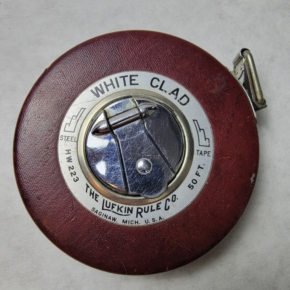 Vintage Lufkin White Clad 50 Ft Steel Tape Measure HW223 Maroon Made in USA